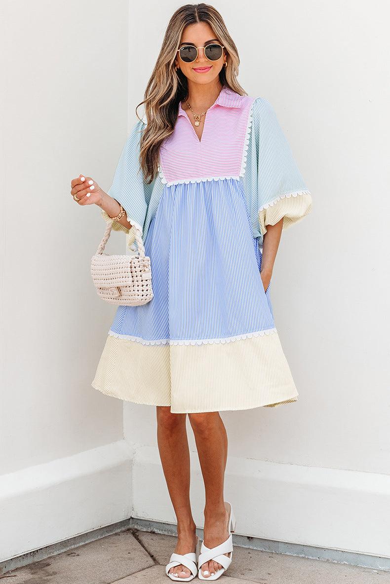 V-Neck Fitted Contrast Panel Dress