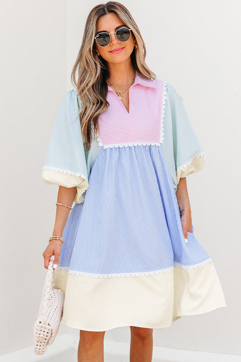 V-Neck Fitted Contrast Panel Dress