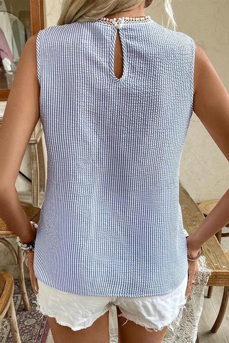Striped Sleeveless Lace Trim Vest Top