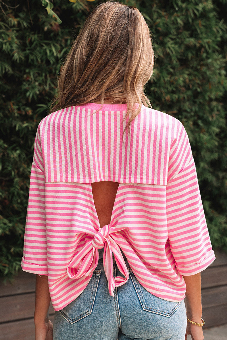 Backless Three-Quarter Sleeve Printed Top