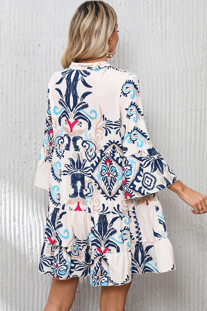 Effortless Charm Bell Sleeve Printed Shirt Dress
