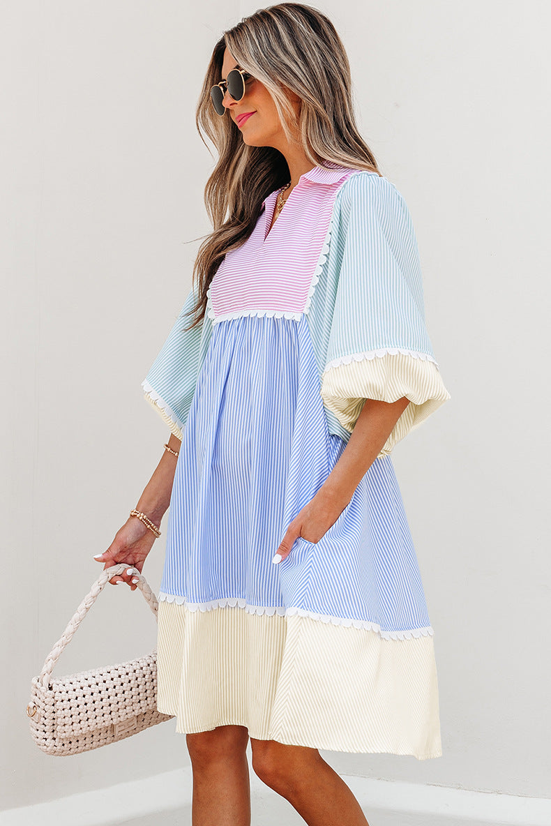 V-Neck Fitted Contrast Panel Dress