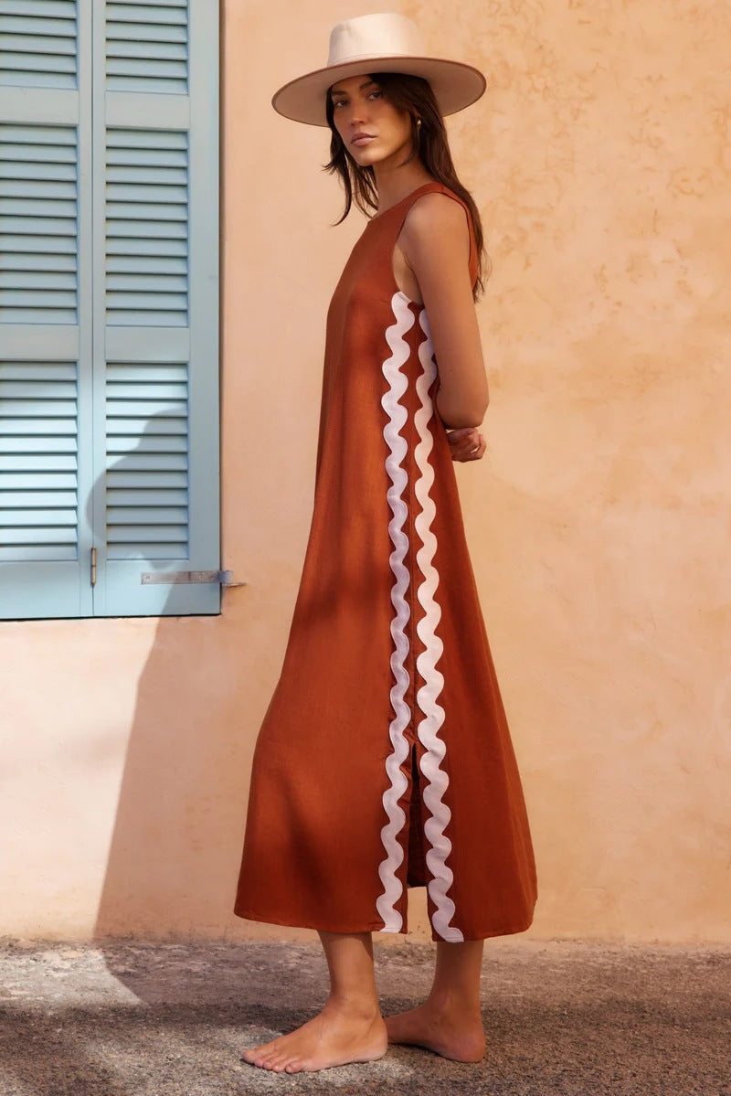 Lace Trim Sleeveless Maxi Dress with Side Split