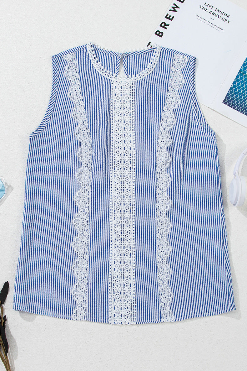 Striped Sleeveless Lace Trim Vest Top