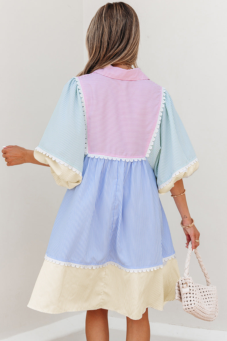 V-Neck Fitted Contrast Panel Dress