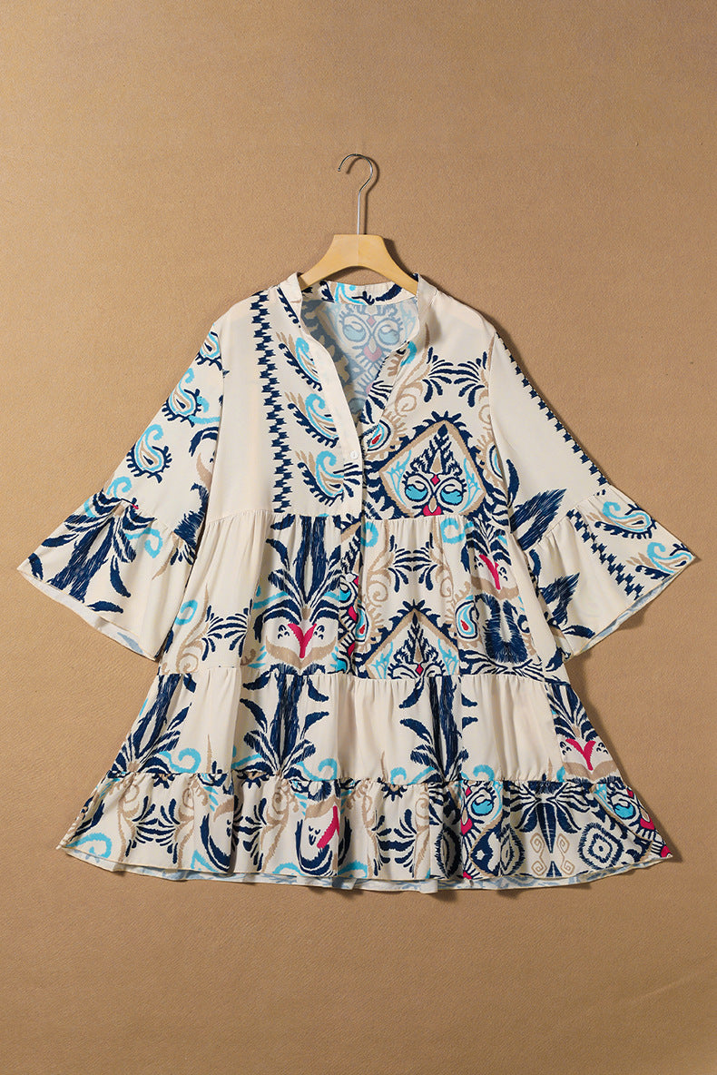 Effortless Charm Bell Sleeve Printed Shirt Dress