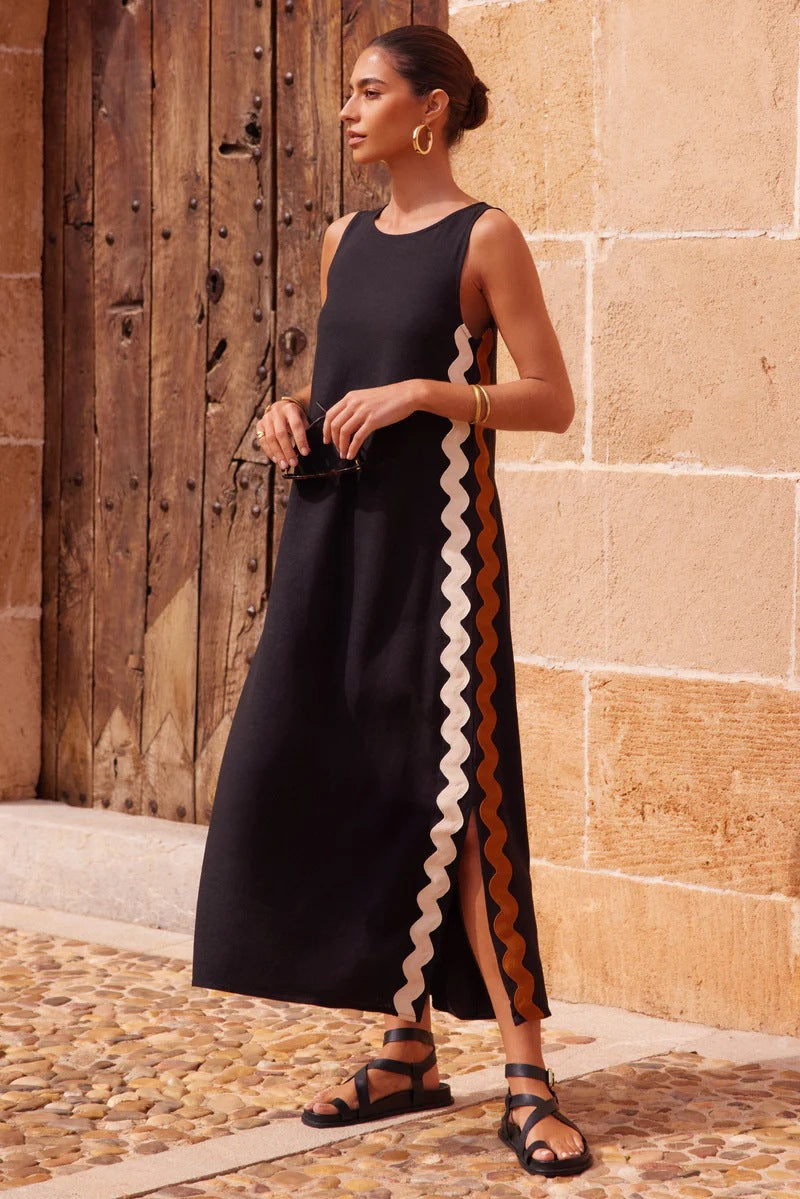 Lace Trim Sleeveless Maxi Dress with Side Split