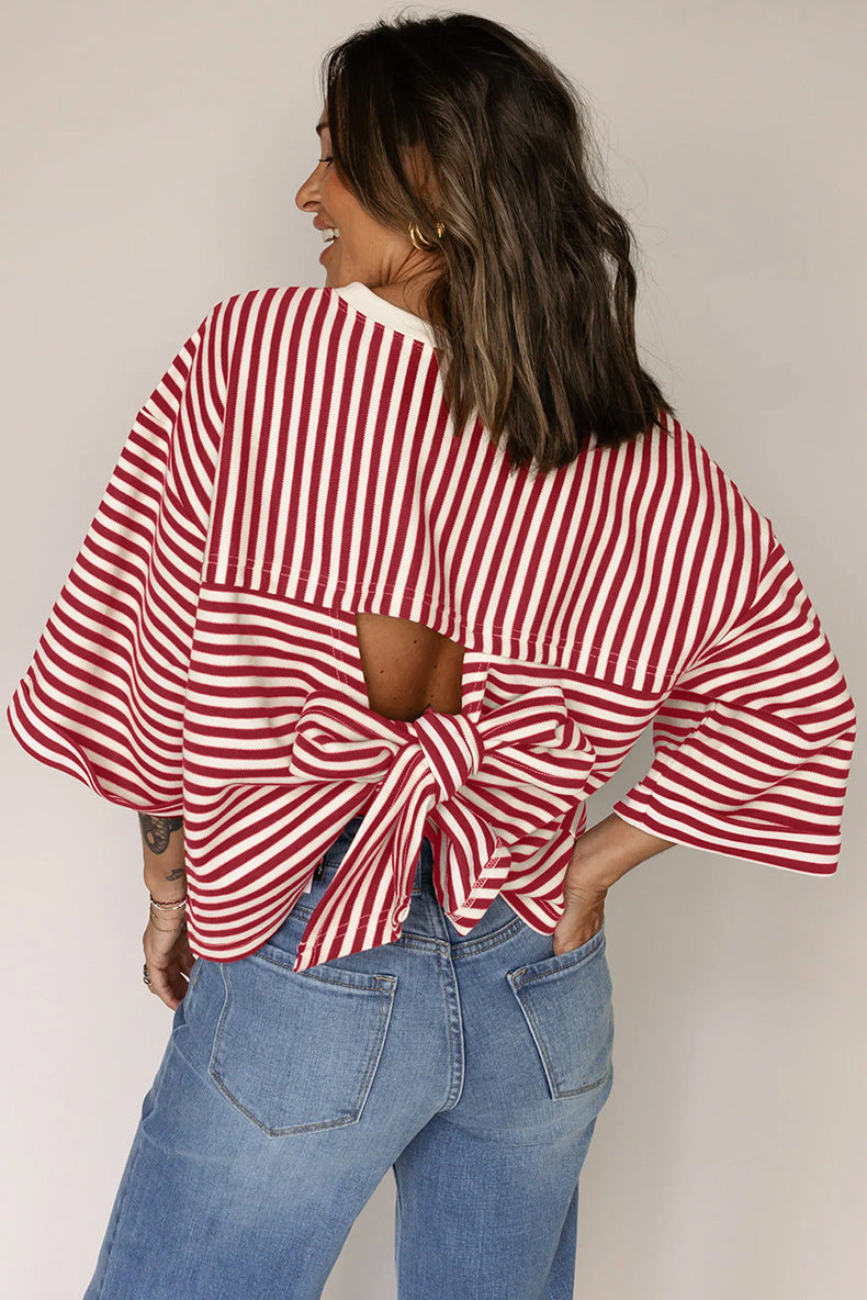 Backless Three-Quarter Sleeve Printed Top