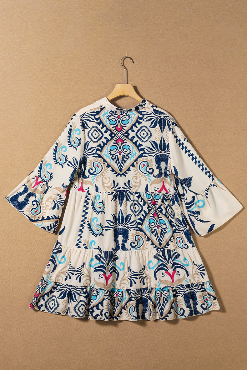 Effortless Charm Bell Sleeve Printed Shirt Dress