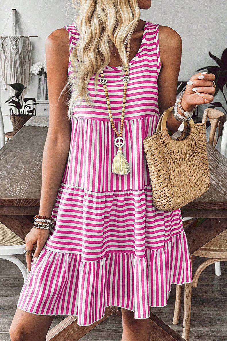 Striped Short Sleeve Pullover Mini Dress