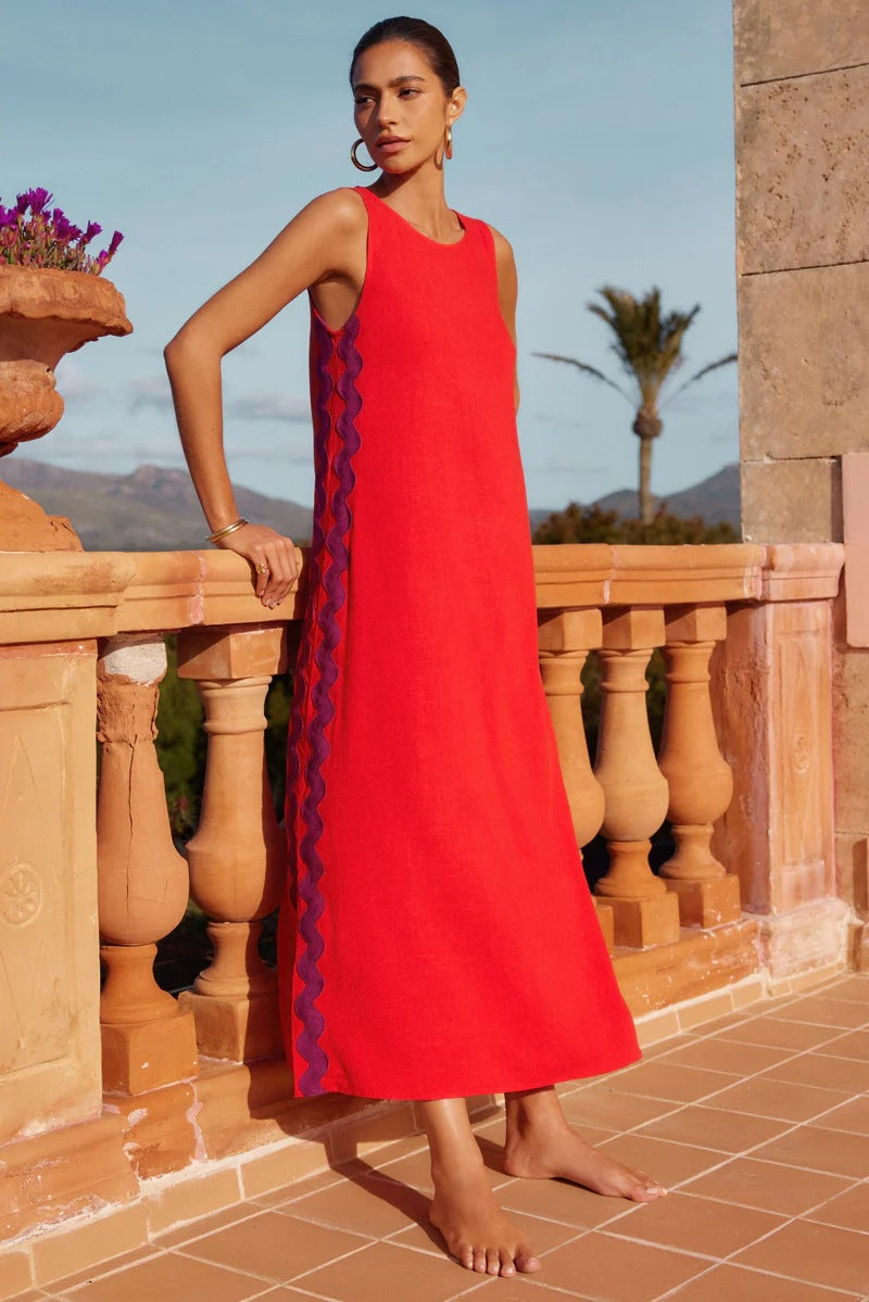 Lace Trim Sleeveless Maxi Dress with Side Split