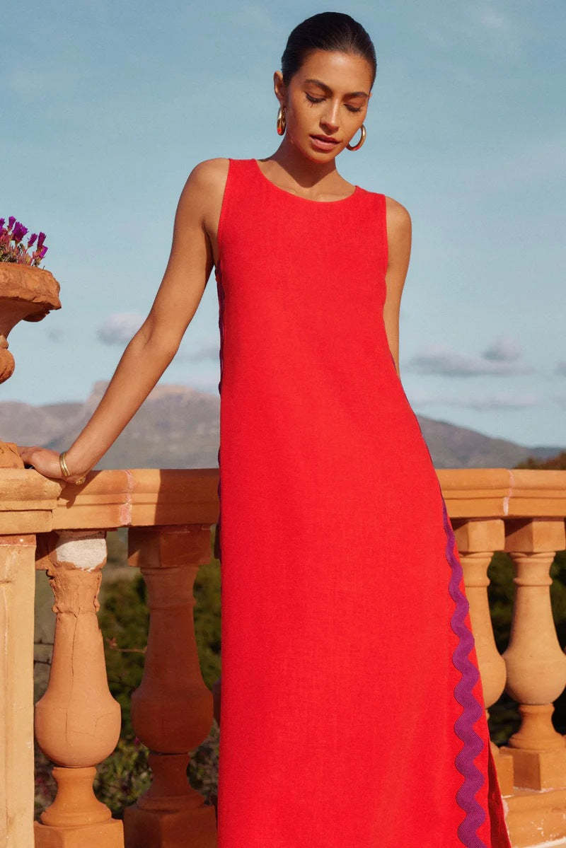 Lace Trim Sleeveless Maxi Dress with Side Split